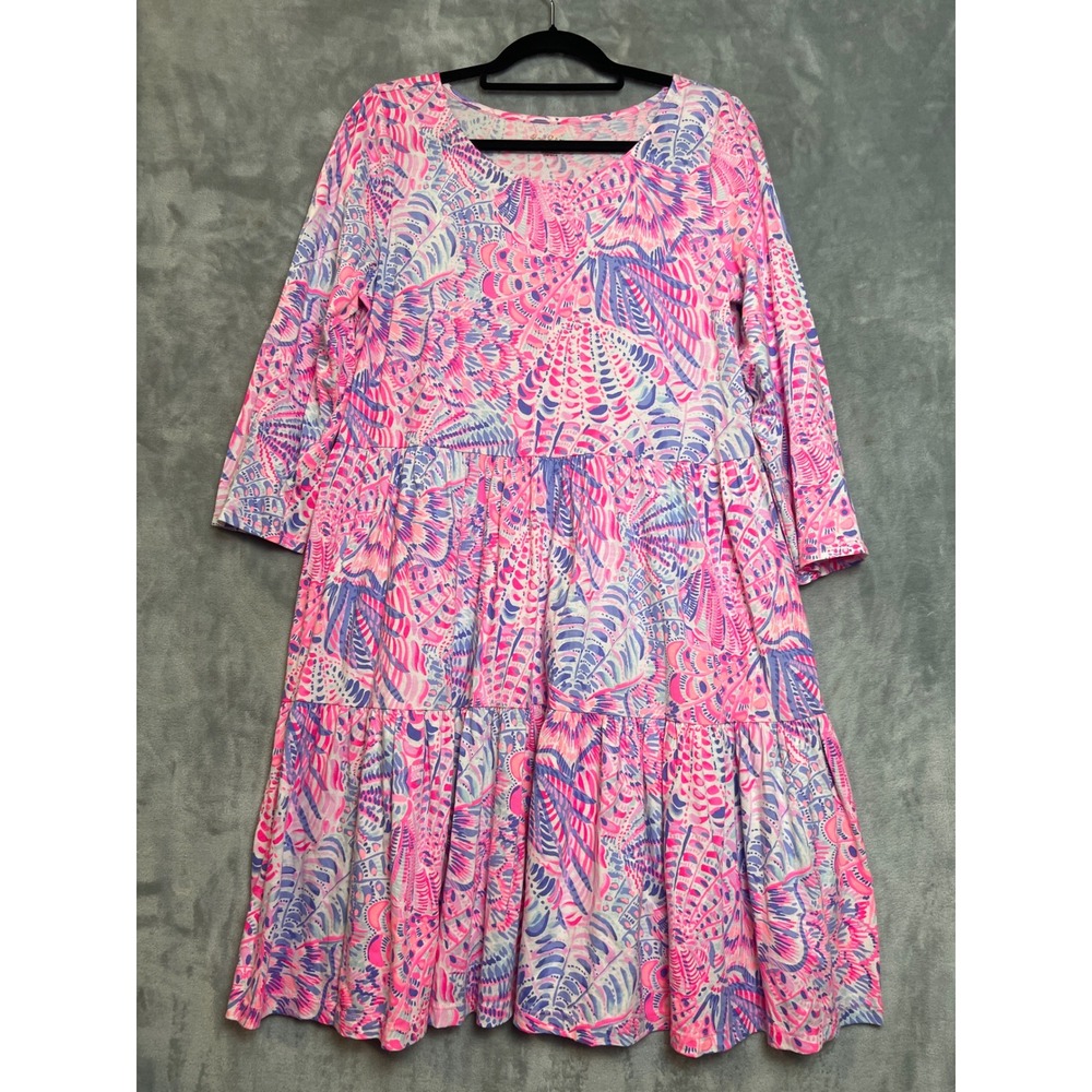 Lilly Pulitzer Pink Purple Shell Print Tiered Cotton Midi Dress Large 3/4 Sleeve - Picture 10 of 10